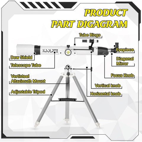 Telescope 90mm Aperture 900mm - High Precision Adjustment Vertisteel Mount Base, Magnification 45-450x, Wireless Remote, Phone Adapter - Ideal for Astronomy Enthusiasts and Beginners (Black)