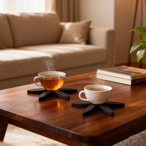 Wooden Trivets for Hot Dishes, Tree Shape Trivet Set, 4 Walnut Wood Trivets with Storage Stand, Foldable Kitchen Hot Pot Holder for Pot, Bowl, Teapot, Cookware