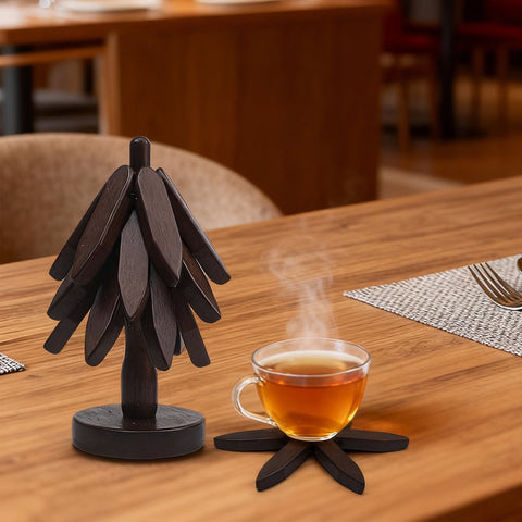 Wooden Trivets for Hot Dishes, Tree Shape Trivet Set, 4 Walnut Wood Trivets with Storage Stand, Foldable Kitchen Hot Pot Holder for Pot, Bowl, Teapot, Cookware