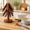 Foldable Tree Shape Wooden Trivet Set, Walnut Wood Heat Resistant Trivets for Hot Dishes, Pots, Teapots, Bowl, 4 Trivets with Storage Stand, Kitchen Hot Pot Holder for Countertop
