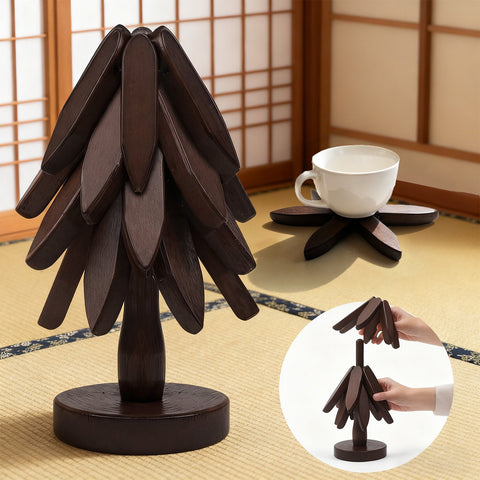 Wooden Trivets for Hot Dishes, Tree Shape Trivet Set, 4 Walnut Wood Trivets with Storage Stand, Foldable Kitchen Hot Pot Holder for Pot, Bowl, Teapot, Cookware