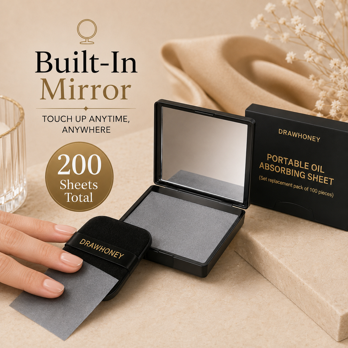 Multi-Pack Natural Plant Fiber Face Oil Blotting Papers with Mirror, Puff & Extra Refill Packs, Oil Absorbing Sheets Prevent Makeup Smudge, Compact Portable Design for Salon, Date Nights & Daily Make