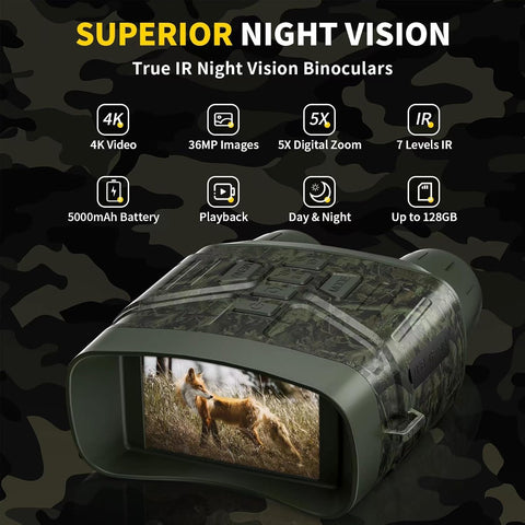 4K Night Vision Binoculars with 5000mAh Rechargeable Battery, 32GB TF, 3'' HD Screen for Camping and Security, Black