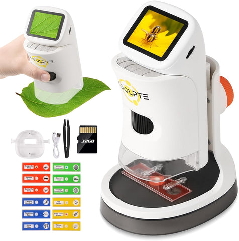 Kids Microscope 1000X HD with 2" Screen - Handheld Miniscope Portable Microscopes for Kids | Science Kit for Ages 8-12 | 6 LED Lights, Slides Set & 32GB Card