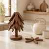 Foldable Tree Shape Wooden Trivet Set, Walnut Wood Heat Resistant Trivets for Hot Dishes, Pots, Teapots, Bowl, 4 Trivets with Storage Stand, Kitchen Hot Pot Holder for Countertop