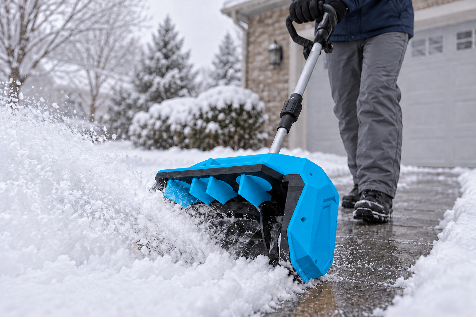 GAVAK blue snow shovel clearing snow close up
