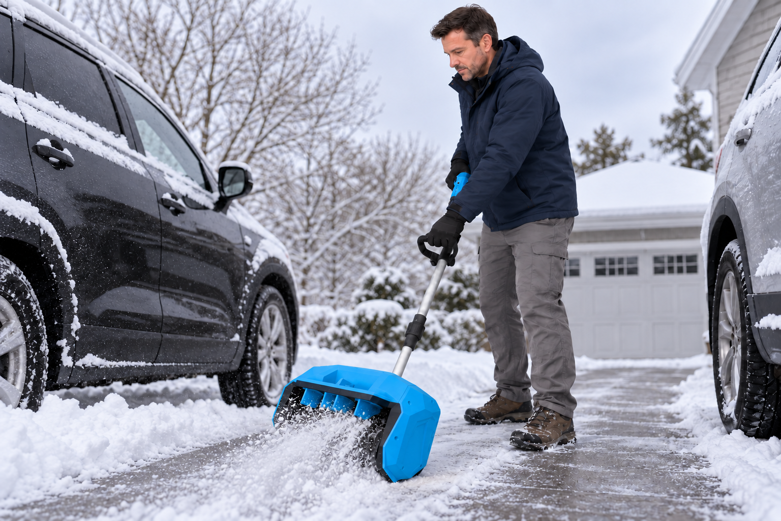 GAVAK blue snow shovel clearing near a vehicle