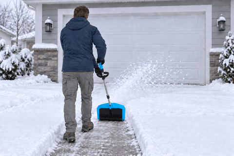 GAVAK blue snow shovel clearing near a garage