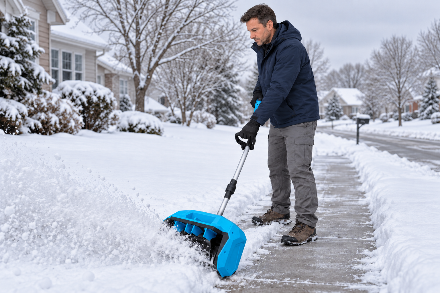 GAVAK blue cordless snow shovel clearing a sidewalk