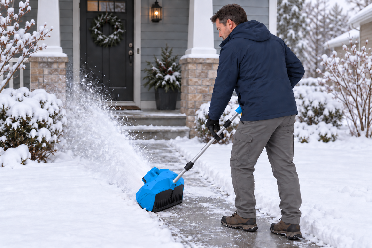 GAVAK blue snow shovel at a front walkway