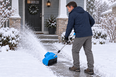 GAVAK blue snow shovel at a front walkway